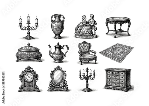 Detailed hand sketched antique furniture and decor collection