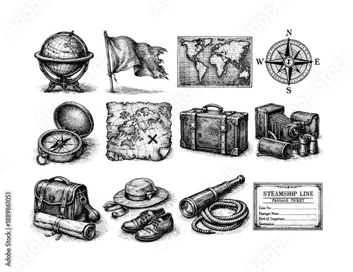 Vintage travel explorers collection featuring antique maps and nautical instruments