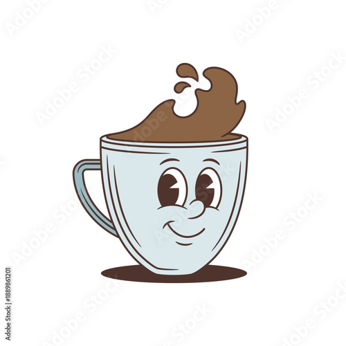 A slyly smiling cartoon coffee cup character. Ideal mascot for a coffee brand. Classic retro hot beverage vector illustration. A playful comic doodle style art with a coffee splash