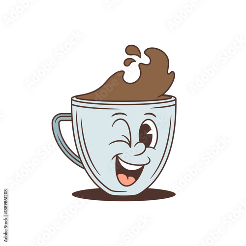 Winking cartoon coffee cup character. A great mascot for a coffee shop or brand. Retro comic style hot beverage vector illustration. Playful doodle art with a big coffee splash and a happy face