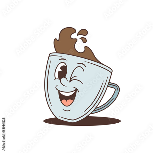 A winking coffee cup character in a classic cartoon style. A playful mascot with a friendly wink and splashing hot beverage. A fun, isolated vector illustration, perfect for a coffee shop logo design