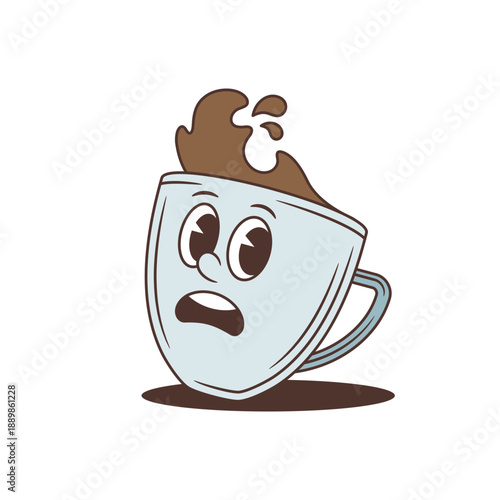 A surprised coffee cup character in a retro cartoon style. Frightened mascot with wide eyes and splashing hot drink. An emotional, isolated vector illustration for a cafe menu or sticker design