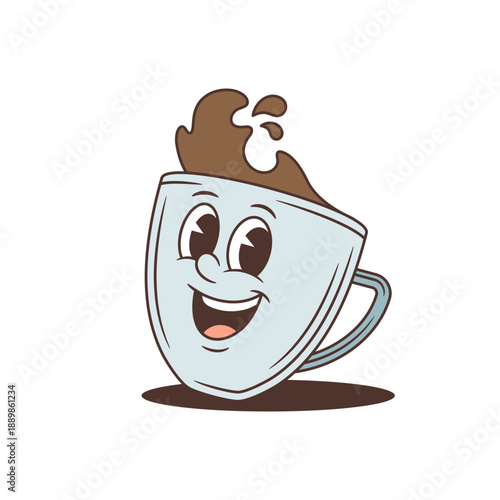 A cheerful coffee cup mascot in a classic retro cartoon style. An energetic character with a wide, happy smile, splashing a hot beverage. An isolated vector illustration, ideal for a cafe logo