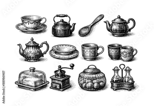 Vintage kitchenware: engraved teapots, cups, and utensils collection