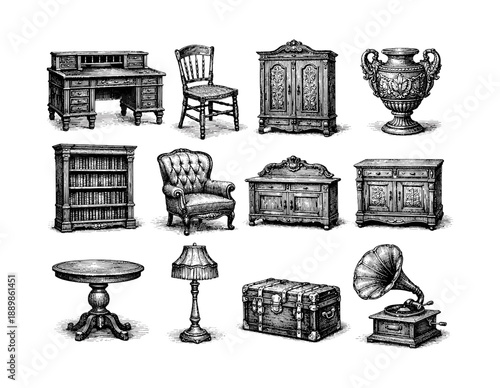 Vintage antique furniture collection: classic desk, chair, cabinet, gramophone, and more