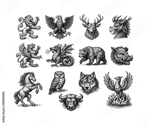 Intricate engravings of mythical creatures and animals in black and white