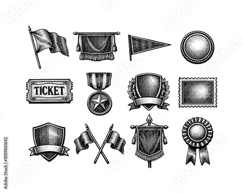Vintage ink style symbols set featuring flags, shields, medals, and tickets