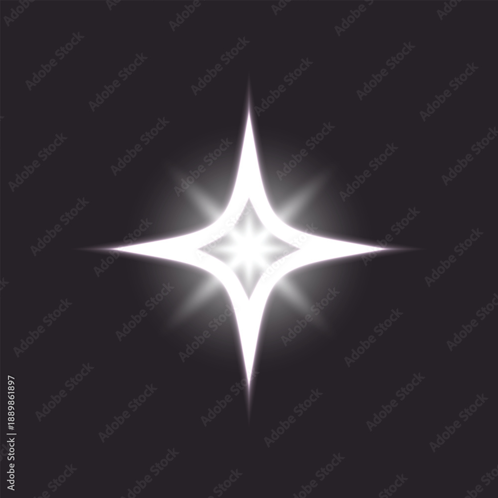 Fototapeta premium Radiant abstract bright four point star light white glow and starburst flare creating futuristic white neon glowing illumination and vibrant energy overlay effect on vector illustration