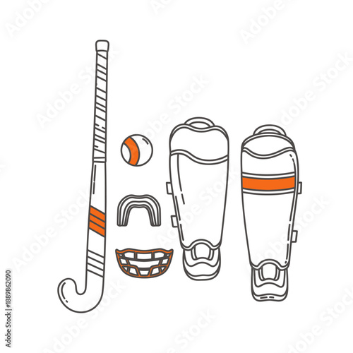 Field Hockey Equipment: Stick, Ball, Shin Guards, Mouthguard - Flat Design