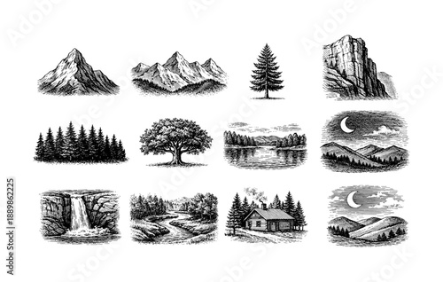 Handcrafted mountain and nature scenes collection in vintage etching style