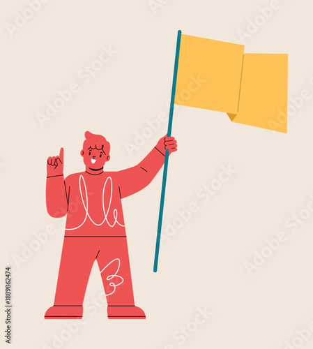 Happy boy holding flag. Colorful vector illustration
