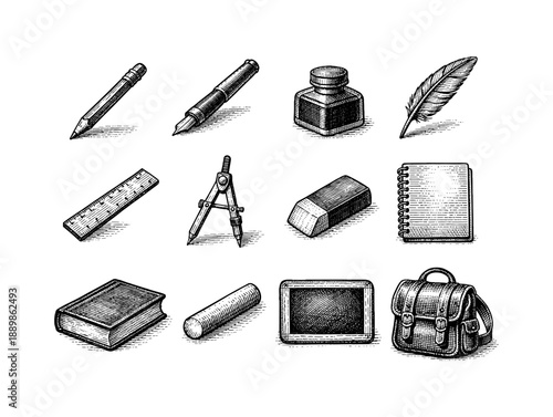Vintage engraved stationery icons: essentials for writing and drawing