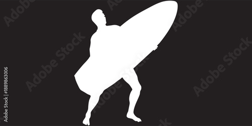 Catch the wave with this high-resolution silhouette illustration of a surfer holding a surfboard. Presented in stark white against a solid black background, this cleanly cut silhouette exudes a sens