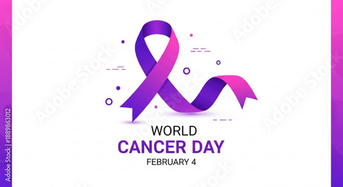 Purple cancer awareness ribbon with World Cancer Day text symbolizing hope and support for February 4th vector illustration