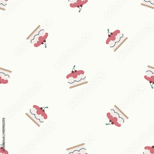 Seamless pattern with cherry cake. Flat vector background. For fabric, wrapping, cards, textile, wallpaper, apparel.	