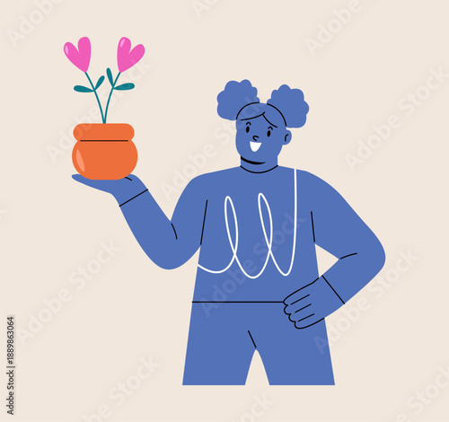 Girl holding houseplant with hearts as flowers. Colorful vector illustration