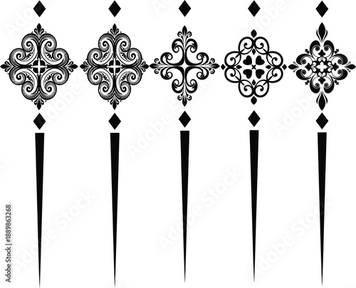 Intricate black and white illustration of four decorative hairpins