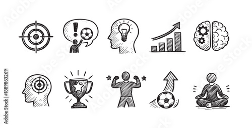 Line art style drawing featuring icons like target, soccer, lightbulb, chart, and meditation, representing ideas of success, goals, and self improvement.