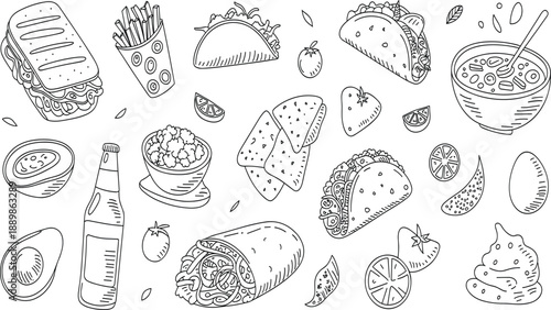 Hand drawn Mexican food doodle vector set, with tacos, burritos, and nachos, for restaurant menu design template