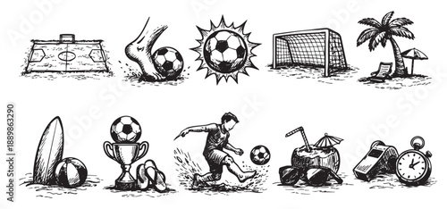 Vector illustration collage shows soccer elements combined with summer beach elements, rendered in black and white sketch style. Use for themes like sport, summer vacation, holidays, and leisure.