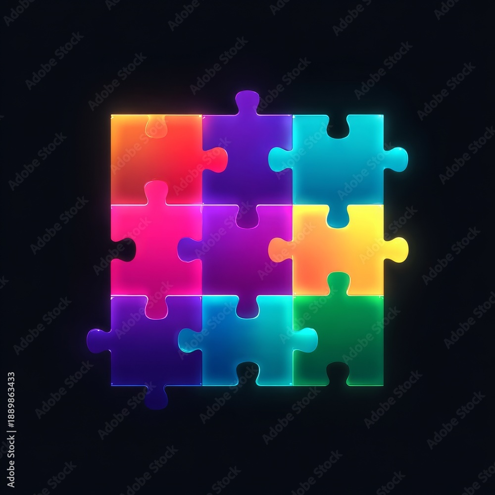 Fototapeta premium 9 puzzle pieces black background with colorful glowing style