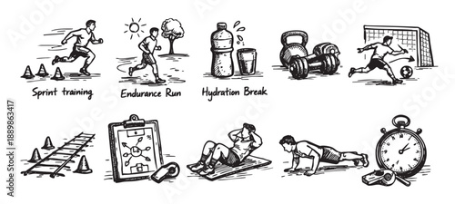 A hand-drawn sketch features athletic training exercises, including running sprints, endurance runs, hydration, weight training, soccer, agility drills, strategy planning, situps, pushups, and timing.
