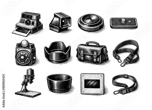 Vintage engraving style camera equipment illustrations featuring retro photography accessories
