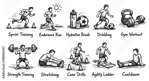 Black and white sketch illustration of various athletic training activities, including running, weightlifting, stretching, and sports drills, suitable for fitness and exercise concepts.
