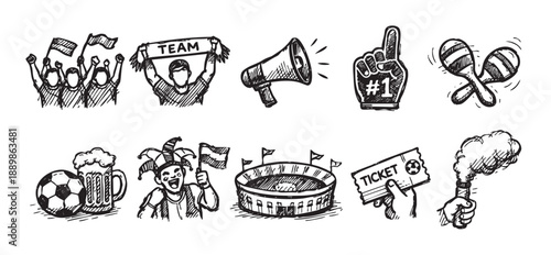 Black and white hand drawn sketch illustration of soccer fan icons including crowds, flags, megaphones, and stadium representing game day and team spirit.