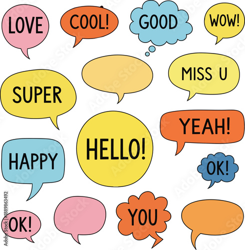 Colorful speech bubbles with positive words