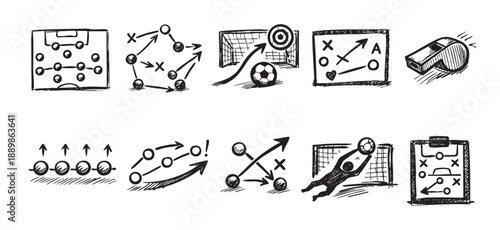 This is soccer play strategy sketches with different plays, shots, and formations in a monochrome, hand-drawn doodle style on a white background.