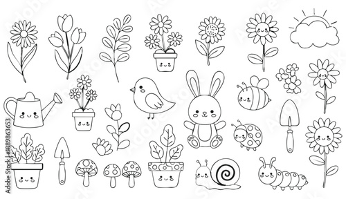 Nature Garden Hand Drawn SVG Set, Cute Kawaii Plant and Animal Doodle Clipart, Spring Line Art for Coloring and Craft Projects
