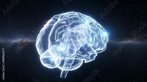 Transparent brain illustration with glowing lines in dark space  