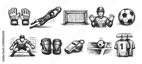 Hand-drawn ink sketch illustration featuring soccer goalkeeper equipment, player, and goal elements, perfect for sports-themed designs and artwork.