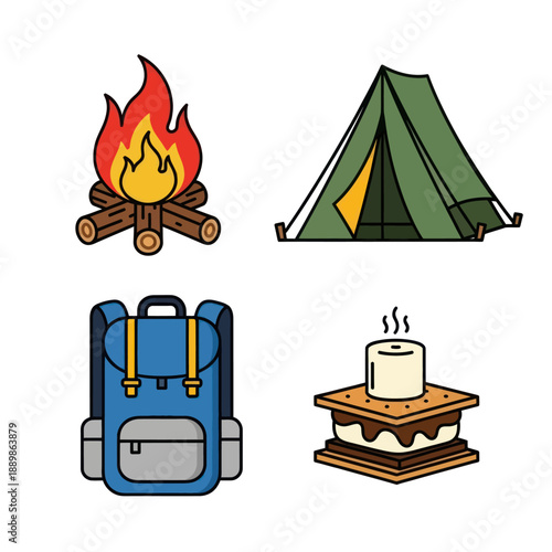 Camping Icons: Bonfire, Tent, Backpack, and S'mores