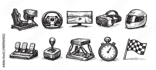 Racing simulator equipment sketch illustration set, including seat, steering wheel, pedals, vr helmet, and flag, for vector graphic design and other related creative content.