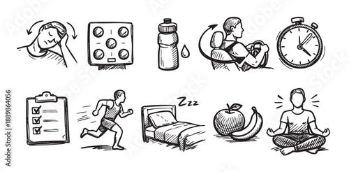 Hand-drawn sketch icons depicting various daily routine activities like stretching, pills, hydration, commuting, stopwatch, tasks, running, sleeping, healthy eating, and meditation.