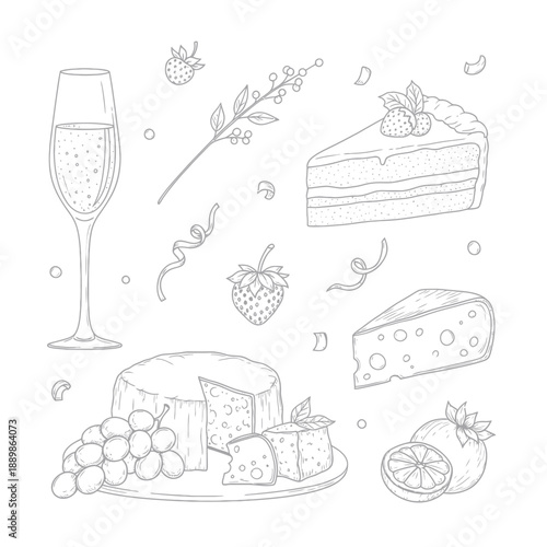 Hand-drawn sketch of celebration food and drink: cheese, cake, fruit, champagne