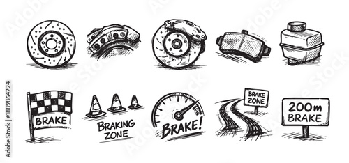 Hand drawn illustration of car brakes components and signs like disc brakes, brake pads and brake zone traffic signs in black and white.