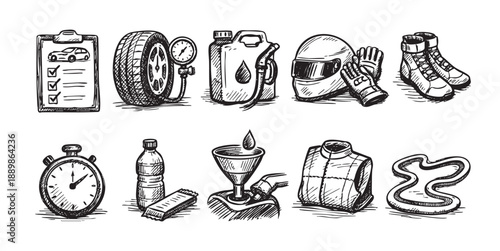 Hand-drawn sketch of car racing equipment including helmet, tire, stopwatch, fuel, and racing suit for automotive themes and design projects.