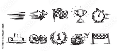 A hand-drawn collection of racing elements including a checkered flag, trophies, helmets, and a flaming tire in a black and white sketch style.