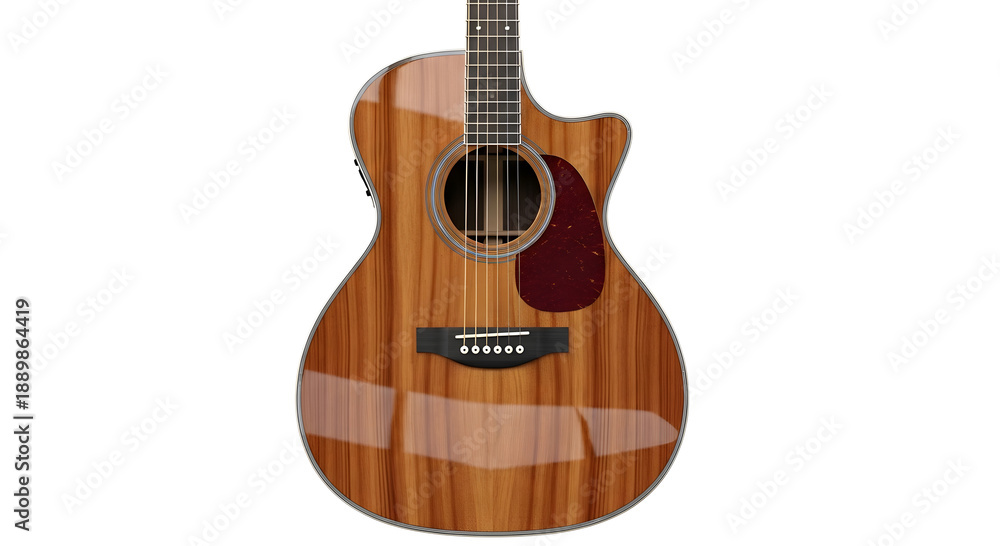 Fototapeta premium Detailed acoustic guitar with realistic wood texture and strings, classic musical instrument isolated on white background.