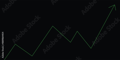 A glowing neon green line graph on a black background showing an upward trend. Perfect for representing business growth, financial success, stock market progress, data analytics.