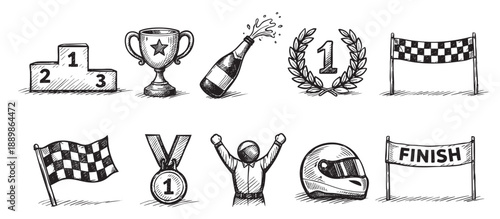 Set of hand-drawn race elements illustrating winning, celebration, and motorsport, perfect for designs related to auto racing, sports achievements, and victory.