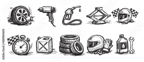 Hand-drawn style graphic of car racing equipment; wheel, fuel pump, jack, helmet, stopwatch, tires, and wrench. Isolated on white, great for illustrating motorsports and car racing themes.
