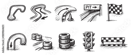 Collection of hand-drawn racing elements including tracks, tires, pit sign, and checkered flag on a white background, perfect for motor sports themes.
