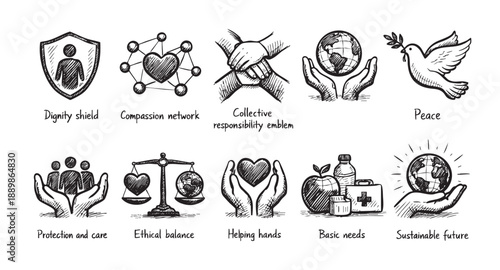 Hand-drawn black and white illustrations showcase various symbols representing social responsibility, ethical balance, protection, care, peace, and sustainable future on a white background.