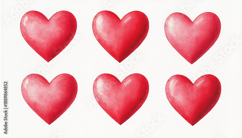 A collection of six glittery red watercolor hearts