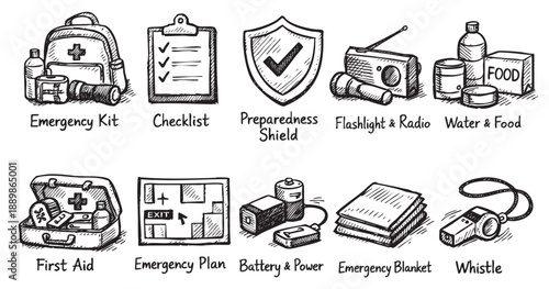 Hand-drawn sketch icons illustrate essential emergency preparedness supplies including first aid, food, water, and a checklist, conveying safety and readiness.