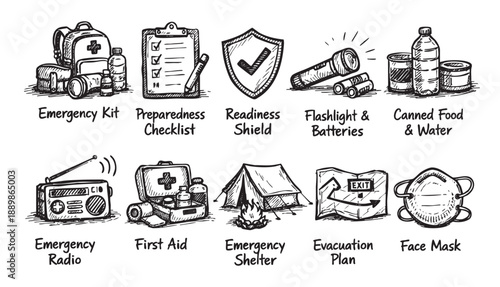 Black and white sketch illustrations of essential emergency preparedness items including a first aid kit, radio, and supplies. This collection highlights disaster readiness and survival tools.